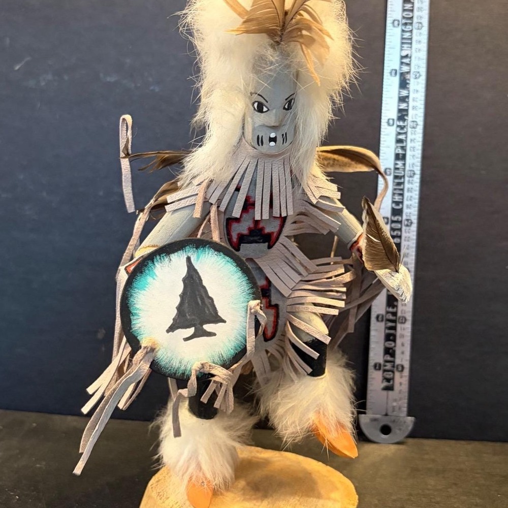 Fancy Dancer Kachina Doll by Long Handcrafted Wood Feather Leather 10.5"